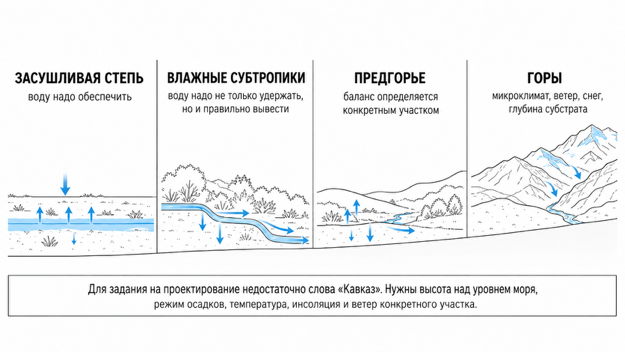 Рис. 9. Четыре климатические зоны: засушливая степь, влажные субтропики, предгорье, горы. По каждой — ключевая задача одной строкой.
